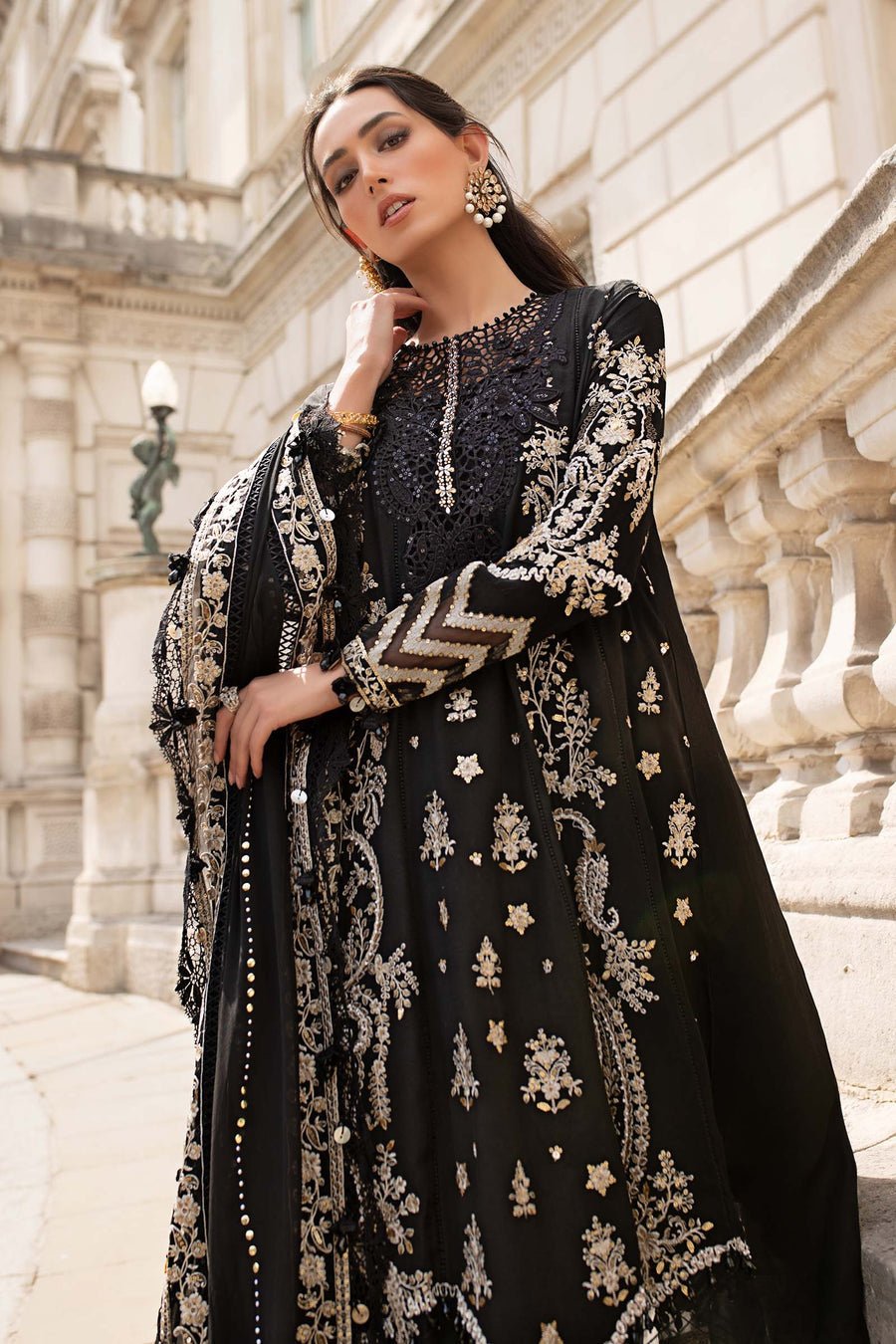 Maria B Embroidered Silk Party Wear Suit - Four-Sided Embroidered Dupatta & Pallu Border | IQNAZ