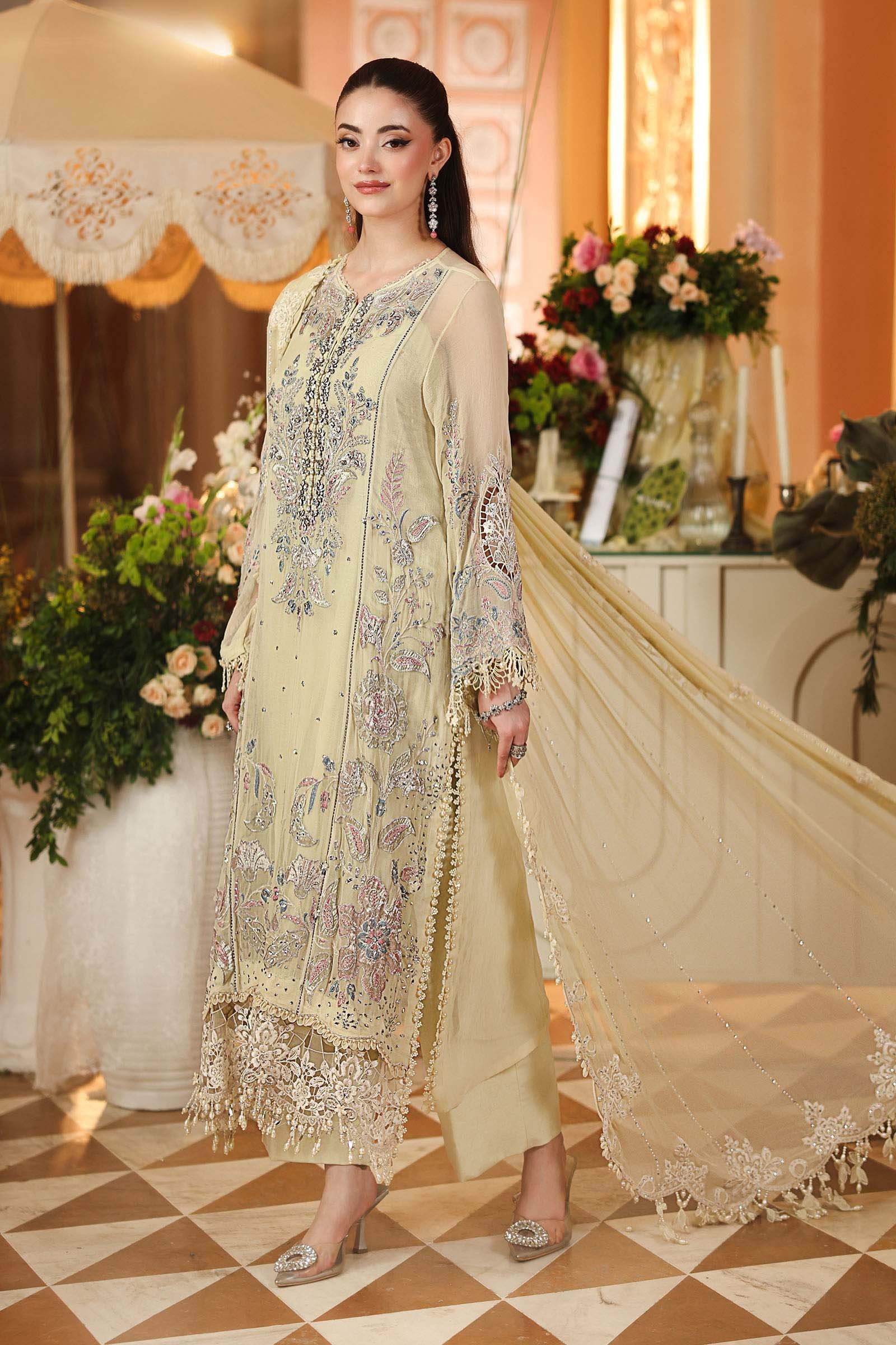 Maria B Embroidered Chiffon Party Wear Suit - Embroidered Back & Daman Silhouette Detailing | IQNAZ