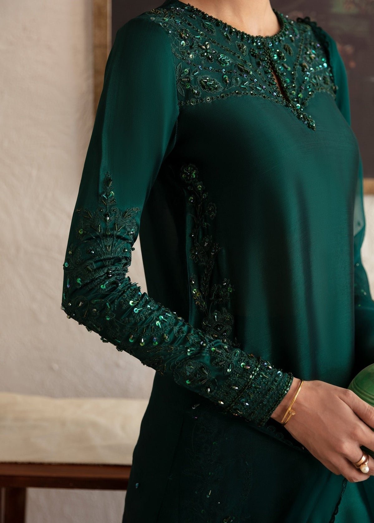 Kanwal Malik Misha Hand Embellished Organza Bridal Lehenga - Close-Up Hand Embellishment Tilla & Pearl Work | IQNAZ