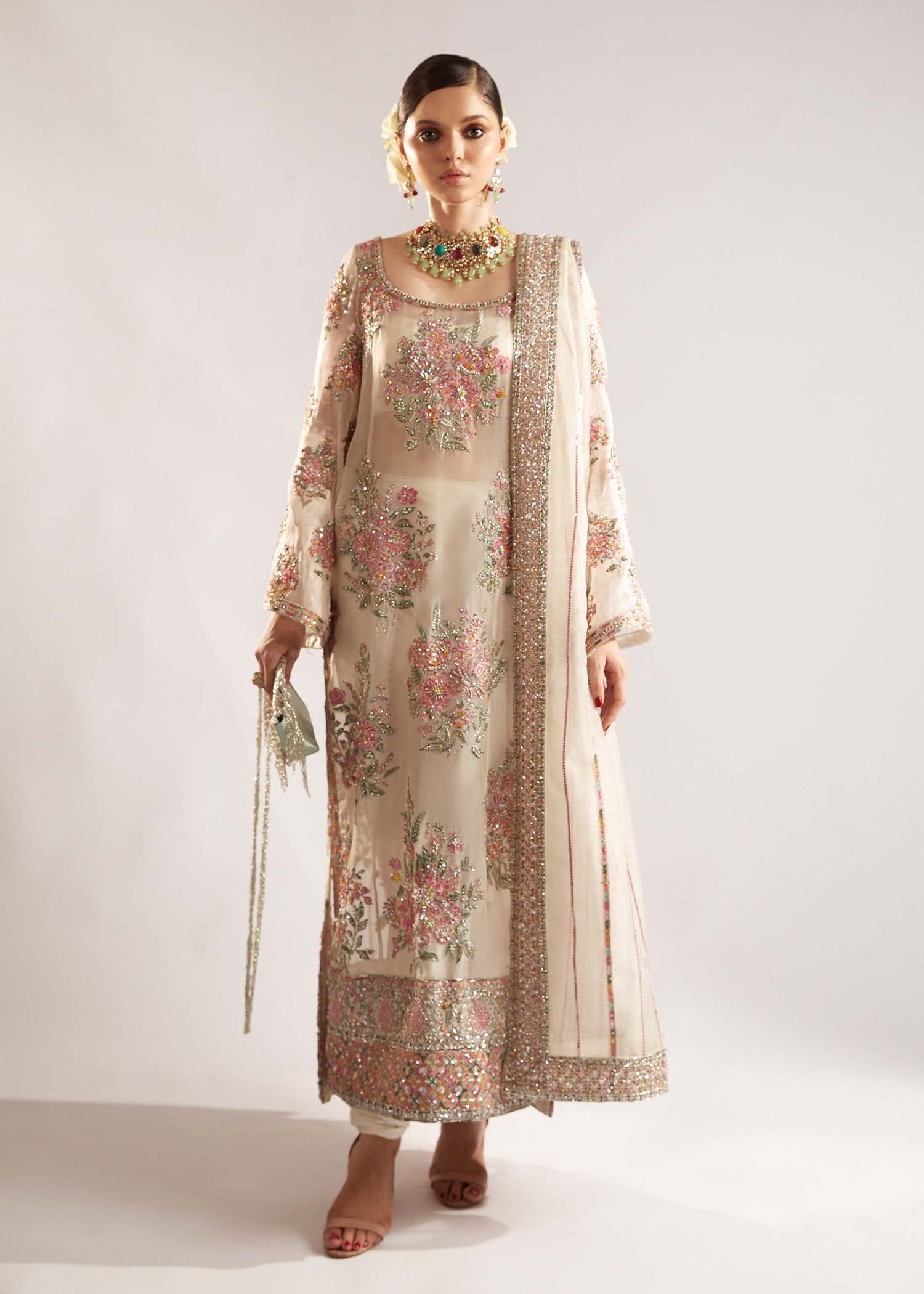 Hussain Rehar Euru Embroidered Organza Party Wear Suit - Model Front Look | Pakistani Designer Replica Wholesale | IQNAZ