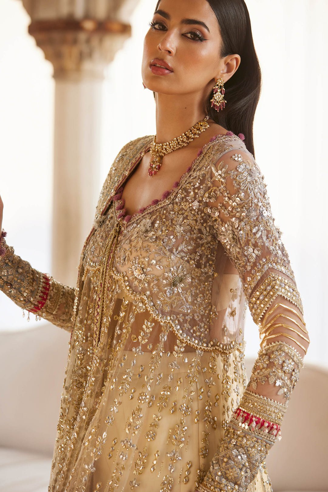 Zaha Zar-E Mahr Hand Embellished Raw Silk Bridal Lehenga - Four-Sided Embroidered Dupatta & Pallu Border | IQNAZ