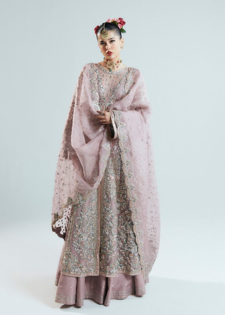 Faiza Saqlain Rosabelle Hand Embellished Organza Party Wear Suit - Model Front Look | Pakistani Designer Replica Wholesale | IQNAZ