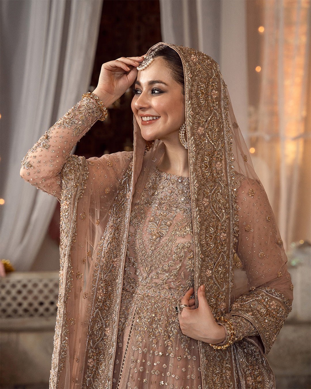 Faiza Saqlain Mahra Hand Embellished Net Party Wear Suit - Close-Up Hand Embellishment Tilla & Pearl Work | IQNAZ