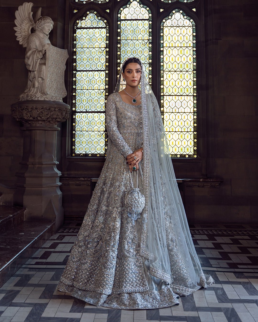 Faiza Saqlain Ayana Hand Embellished Organza Bridal Lehenga - Four-Sided Embroidered Dupatta & Pallu Border | IQNAZ