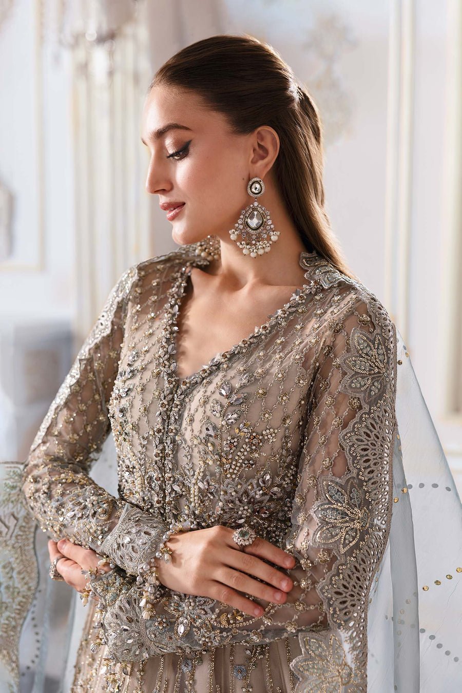 Maria B BD-3002 Hand Embellished Net Flared Suit – Photoshoot Angle 12 Maria B BD-3002 Hand Embellished Net Flared Suit - Designer Photoshoot Gallery Angle 12 | IQNAZ Couture