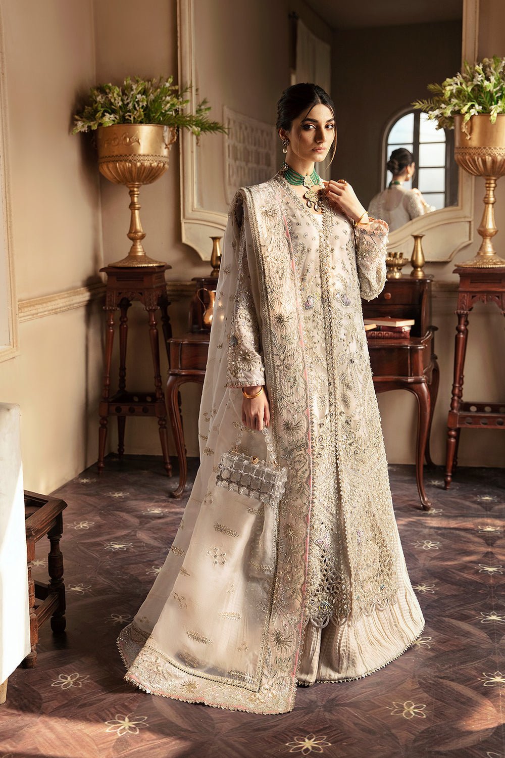 Soraya Miel Embroidered Organza Party Wear Suit - Matching Bottom & Trouser Fabric Details | IQNAZ