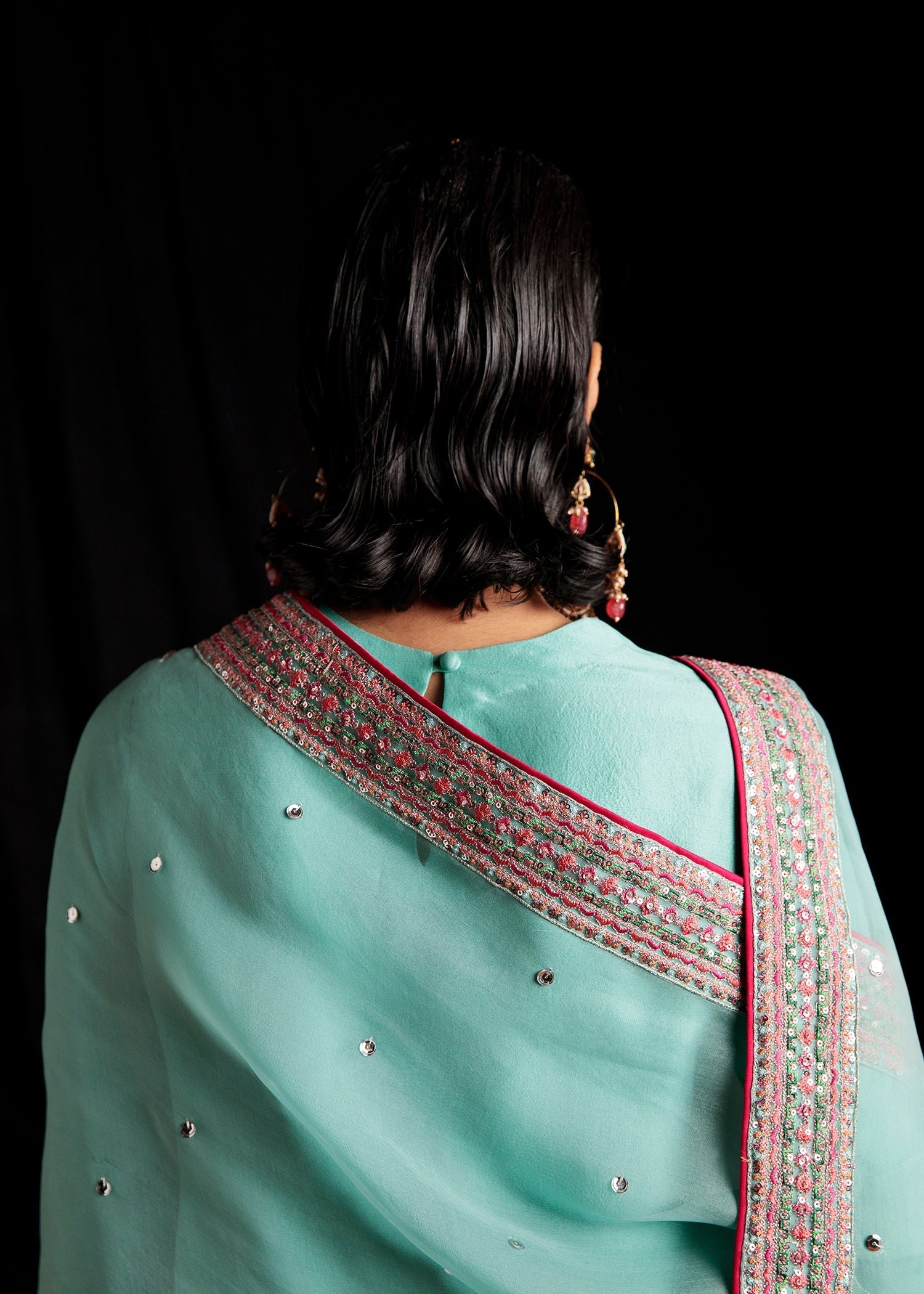 Hussain Rehar Hand Embellished Organza Party Wear Suit - Close-Up Hand Embellishment Tilla & Pearl Work | IQNAZ