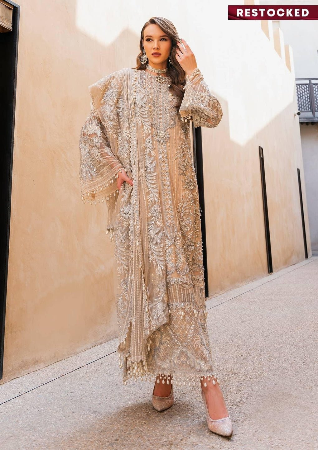 Hussain Rehar Eeb Zayna Embroidered Silk Party Wear Suit - Designer Photoshoot Gallery Angle 6 | IQNAZ Couture