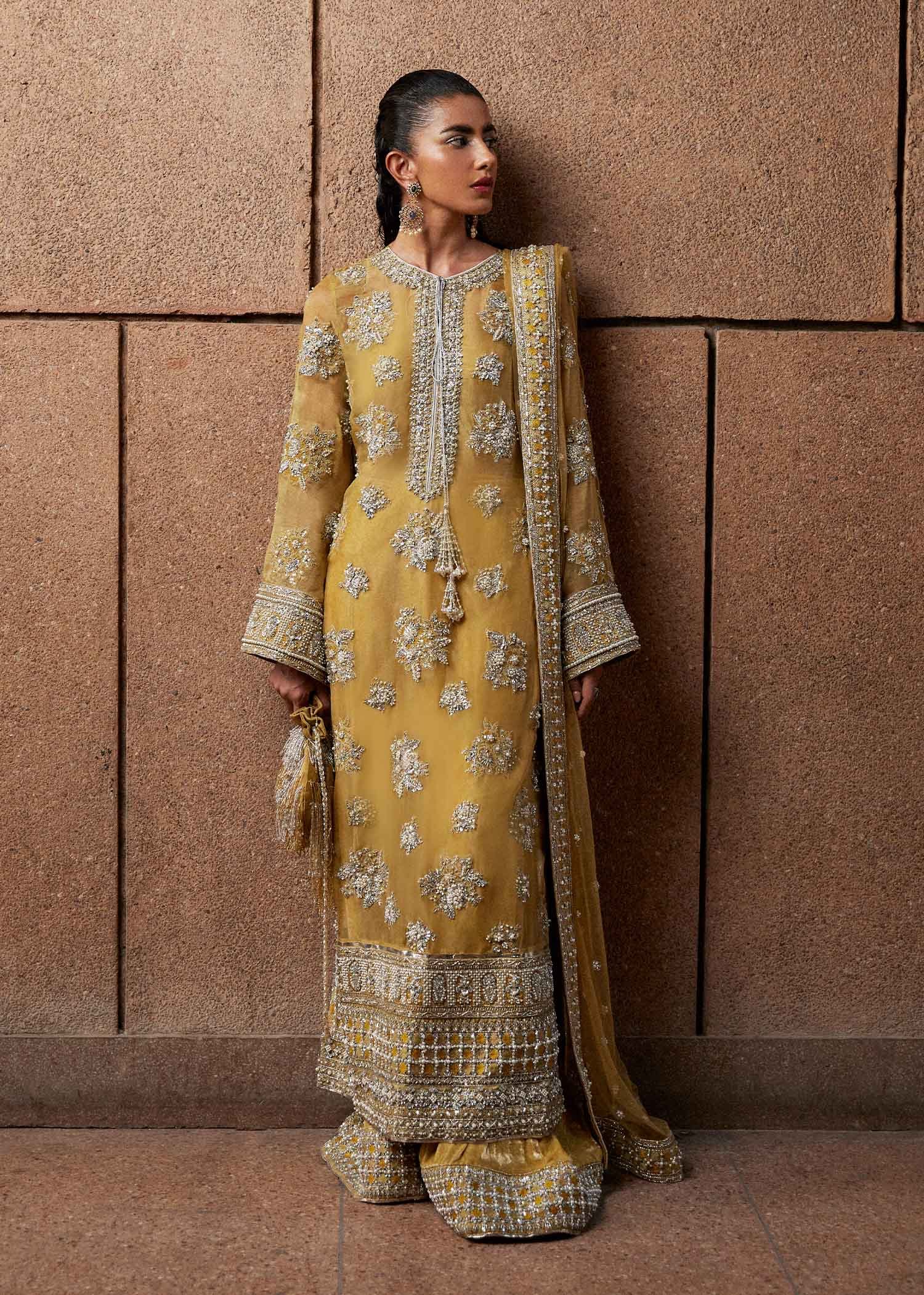 Hussain Rehar Hand Embellished Net Party Wear Suit – Model Front View Hussain Rehar Hand Embellished Net Party Wear Suit - Model Front Look | Pakistani Designer Replica Wholesale | IQNAZ