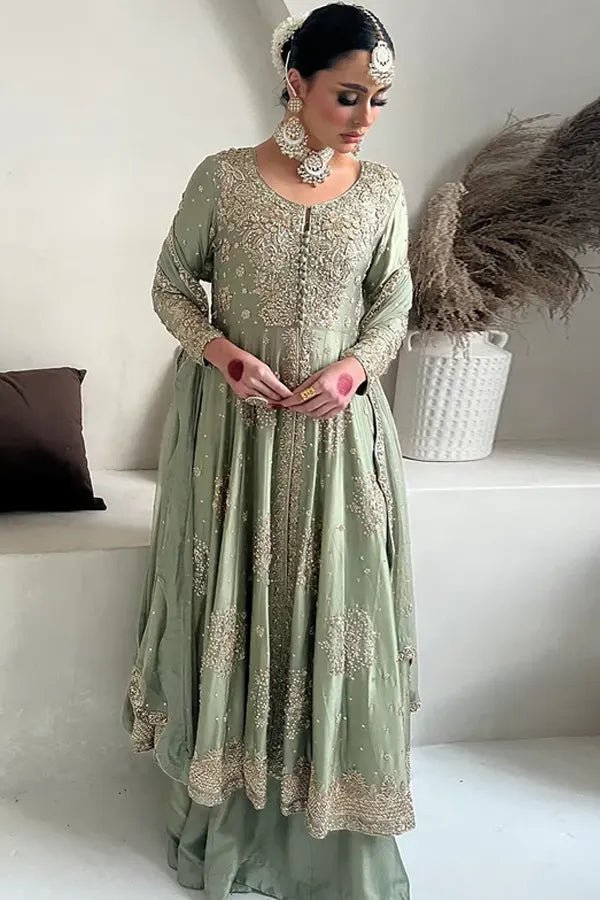 Saira Shakira Hand Embellished Silk Party Wear Suit - Model Front Look | Pakistani Designer Replica Wholesale | IQNAZ