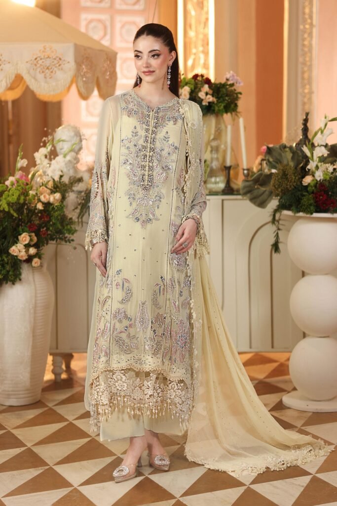 Maria B Embroidered Chiffon Party Wear Suit - Model Front Look | Pakistani Designer Replica Wholesale | IQNAZ