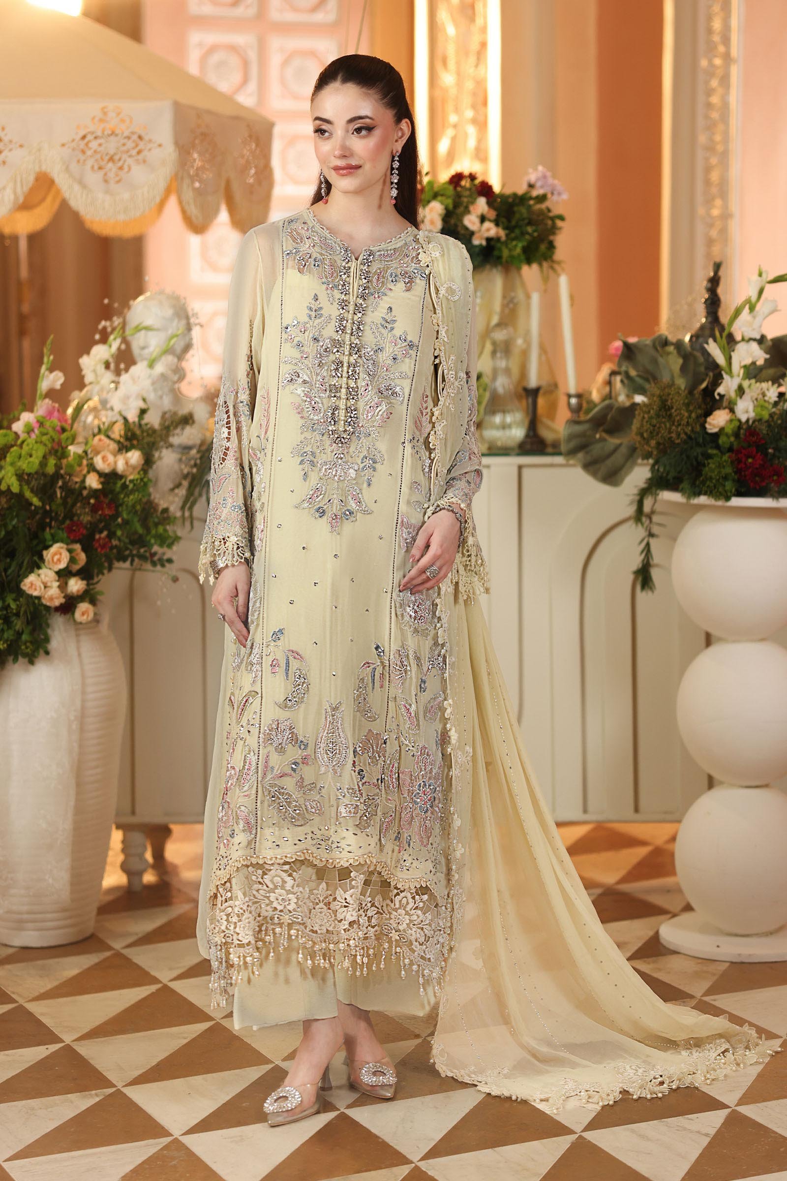 Maria B Embroidered Chiffon Party Wear Suit - Model Front Look | Pakistani Designer Replica Wholesale | IQNAZ