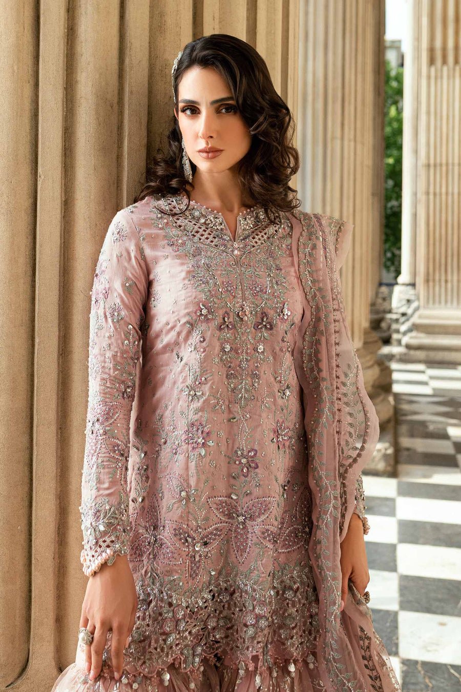 Maria B Embroidered Silk Party Wear Suit - Close-Up Hand Embellishment Tilla & Pearl Work | IQNAZ
