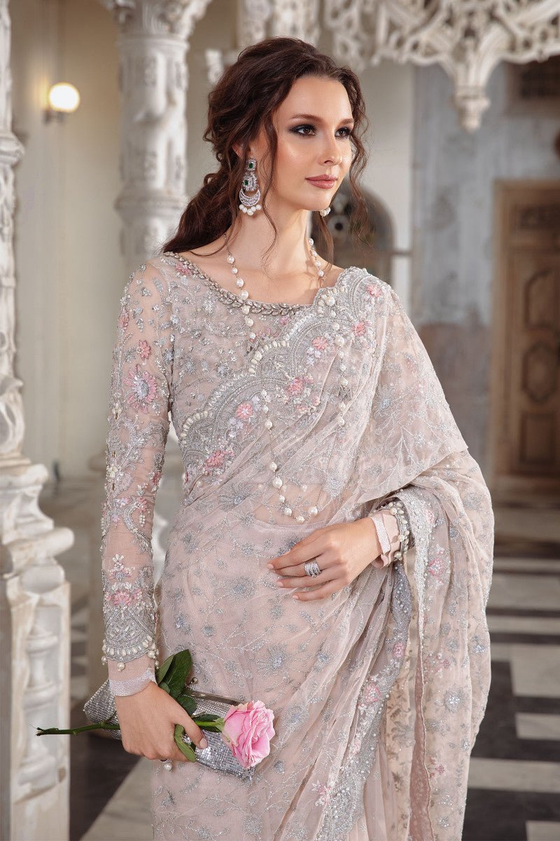 Maria B Embroidered Silk Party Wear Suit – Embroidery & Handwork Detail Maria B Embroidered Silk Party Wear Suit - Close-Up Hand Embellishment Tilla & Pearl Work | IQNAZ
