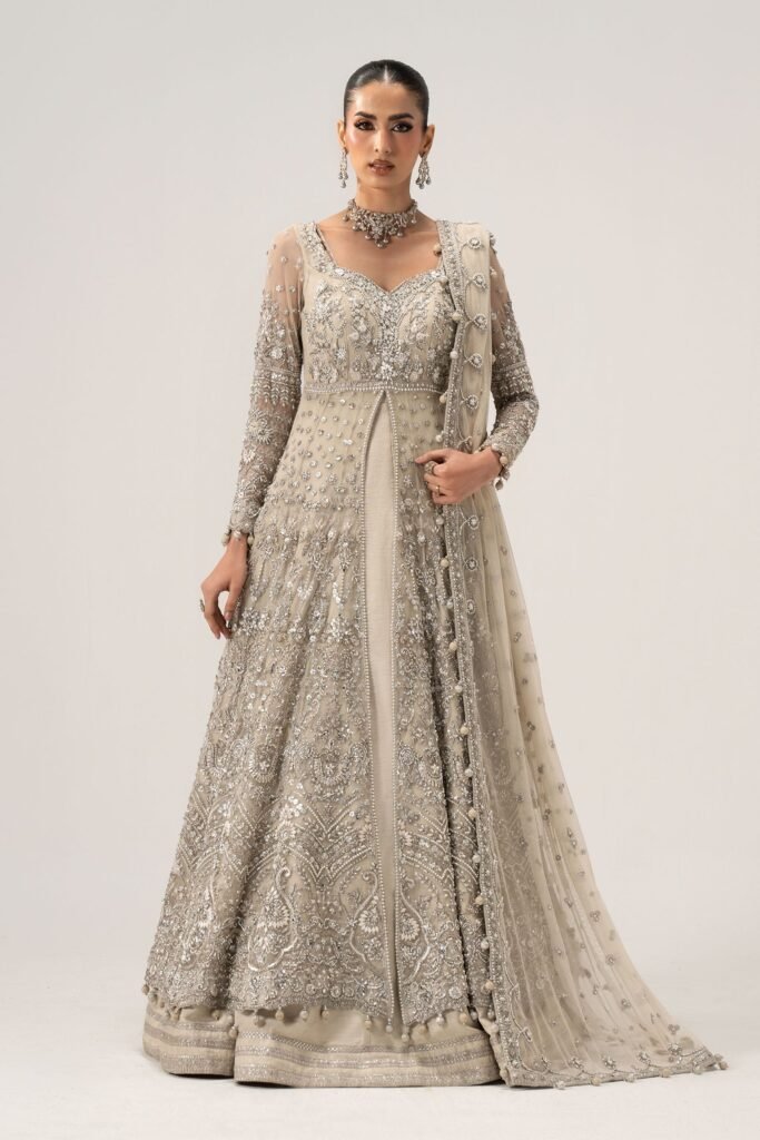 Maria B Elaria Hand Embellished Organza Party Wear Maxi - Model Front Look | Pakistani Designer Replica Wholesale | IQNAZ