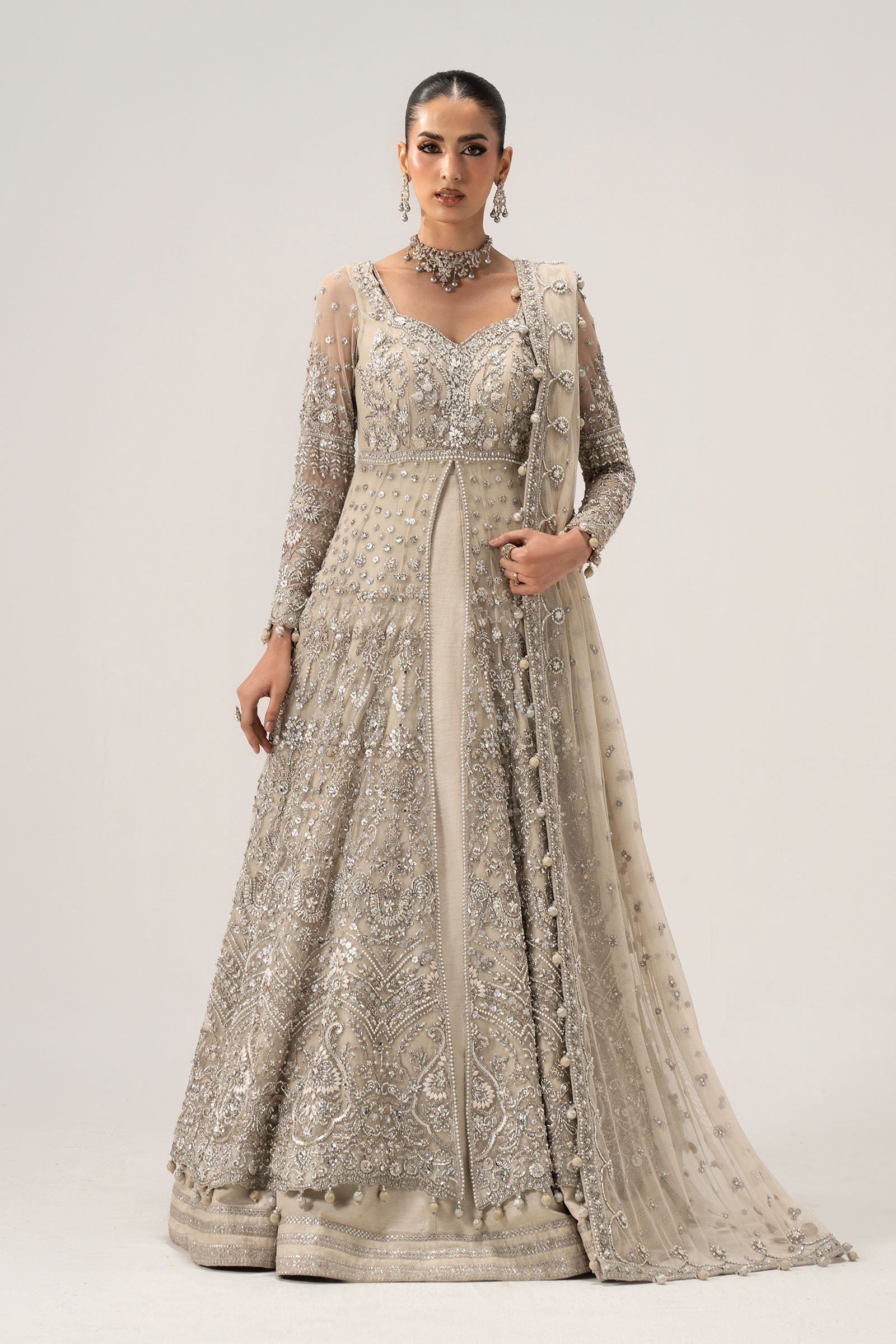 Maria B Elaria Hand Embellished Organza Party Wear Maxi – Model Front View Maria B Elaria Hand Embellished Organza Party Wear Maxi - Model Front Look | Pakistani Designer Replica Wholesale | IQNAZ