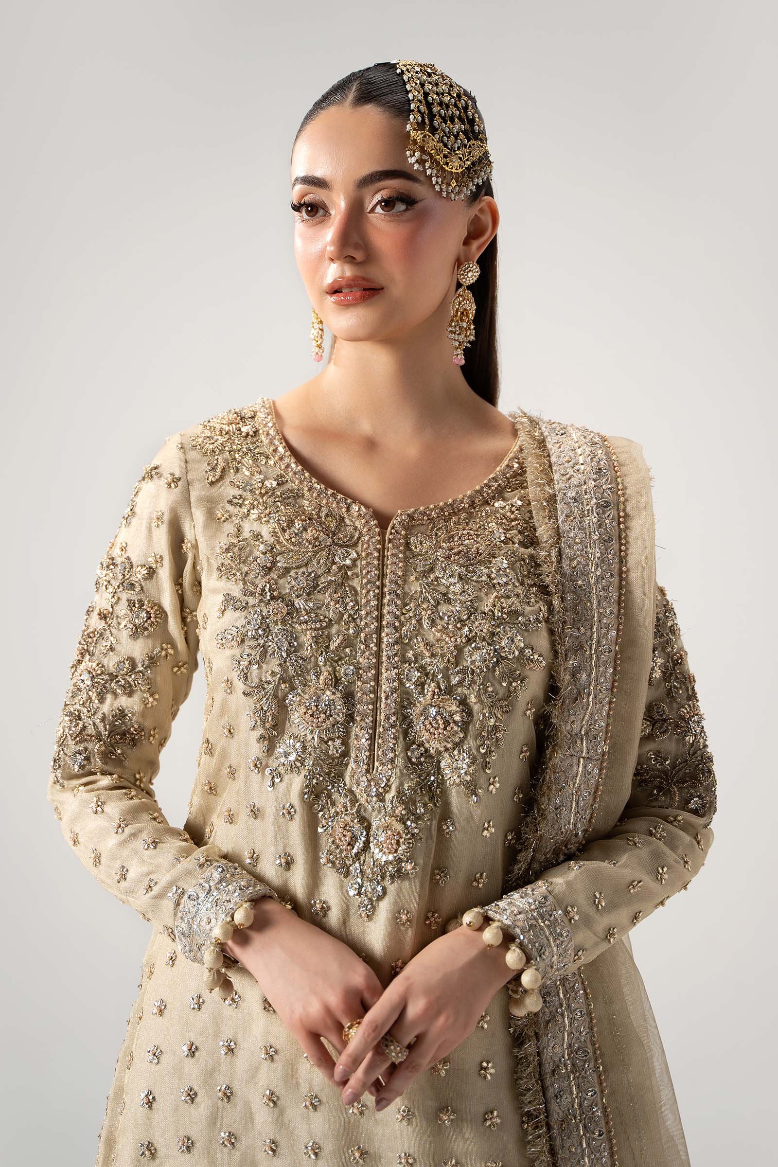 Maria B Hand Embellished Silk Party Wear Suit - Matching Bottom & Trouser Fabric Details | IQNAZ