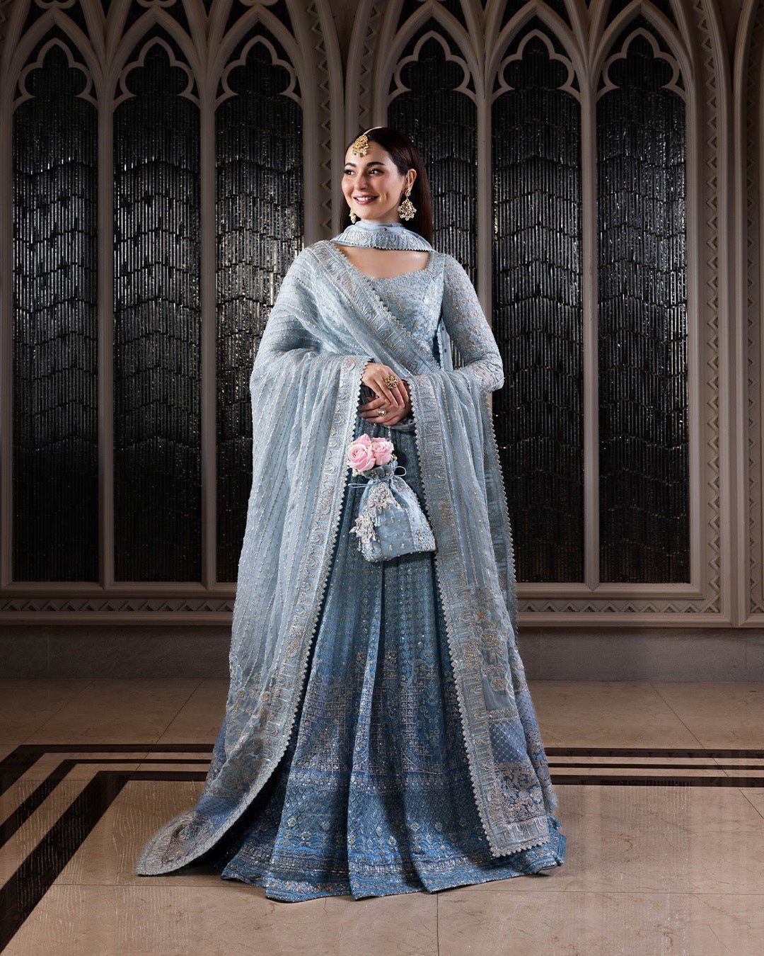 Faiza Saqlain Miyah Hand Embellished Organza Party Wear Suit - Model Front Look | Pakistani Designer Replica Wholesale | IQNAZ