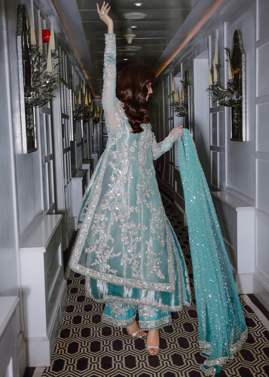 Maria B Ferozeah Embroidered Organza Party Wear Suit – Back View & Silhouette Maria B Ferozeah Embroidered Organza Party Wear Suit - Embroidered Back & Daman Silhouette Detailing | IQNAZ