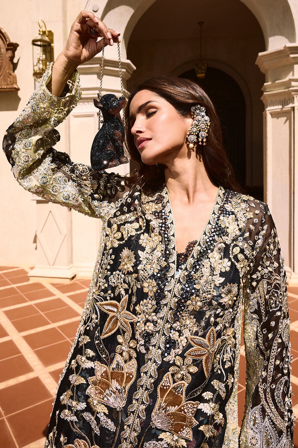 Soraya Stella Embroidered Organza Party Wear Suit - Close-Up Hand Embellishment Tilla & Pearl Work | IQNAZ