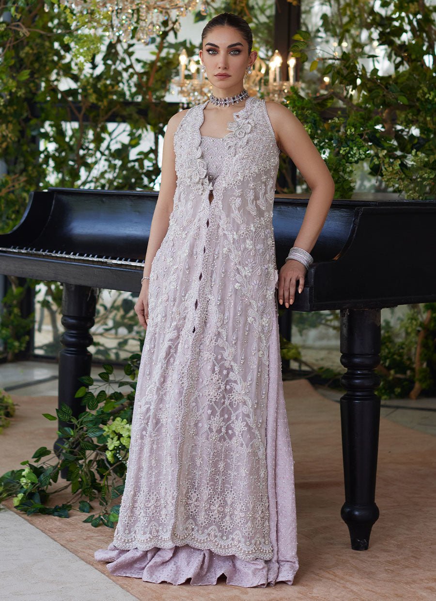 Farah Talib Aziz Hand Embellished Silk Party Wear Suit – Model Front View Farah Talib Aziz Hand Embellished Silk Party Wear Suit - Model Front Look | Pakistani Designer Replica Wholesale | IQNAZ