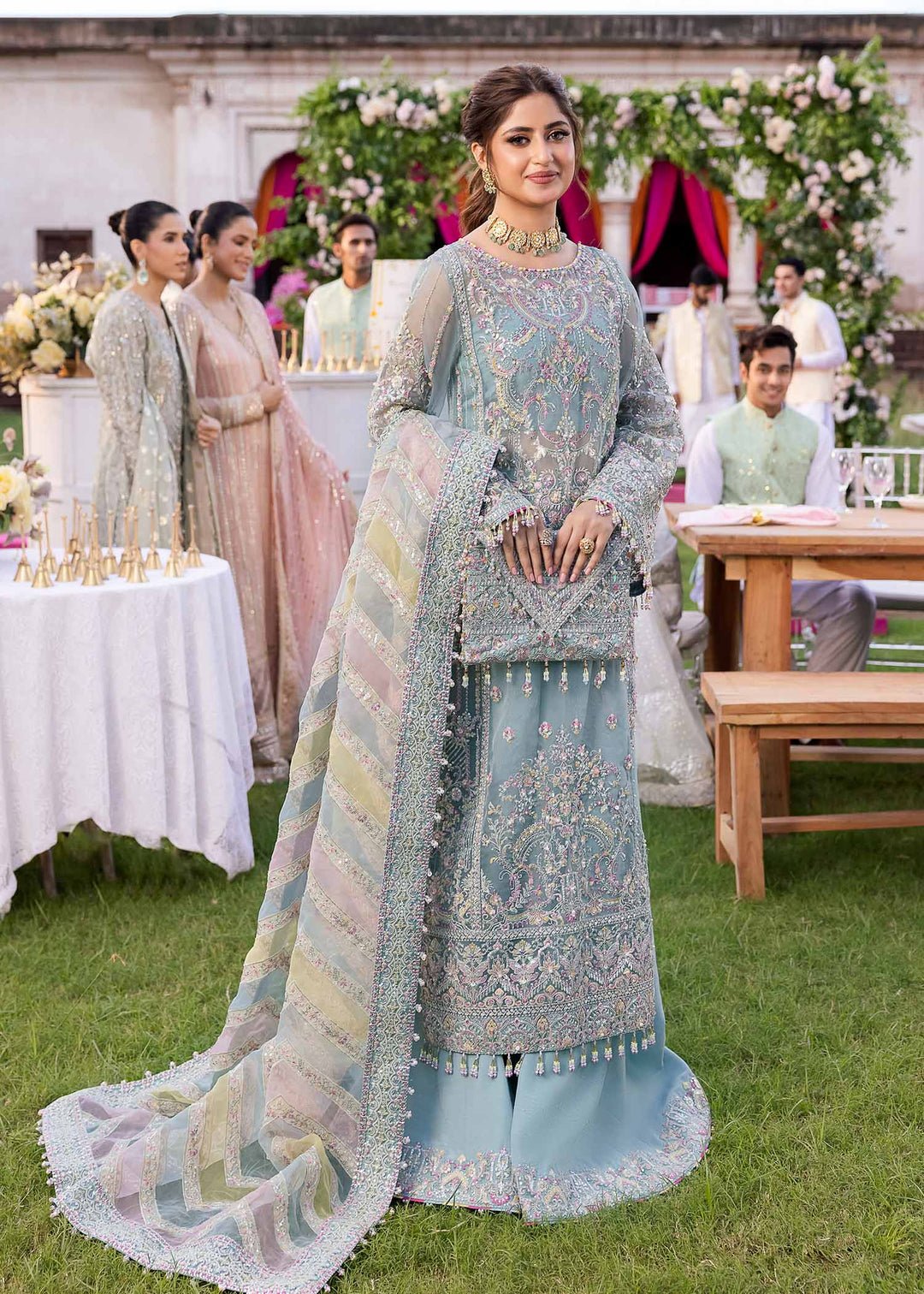 Haris Shakeel Noor Embroidered Organza Party Wear Suit - Model Front Look | Pakistani Designer Replica Wholesale | IQNAZ