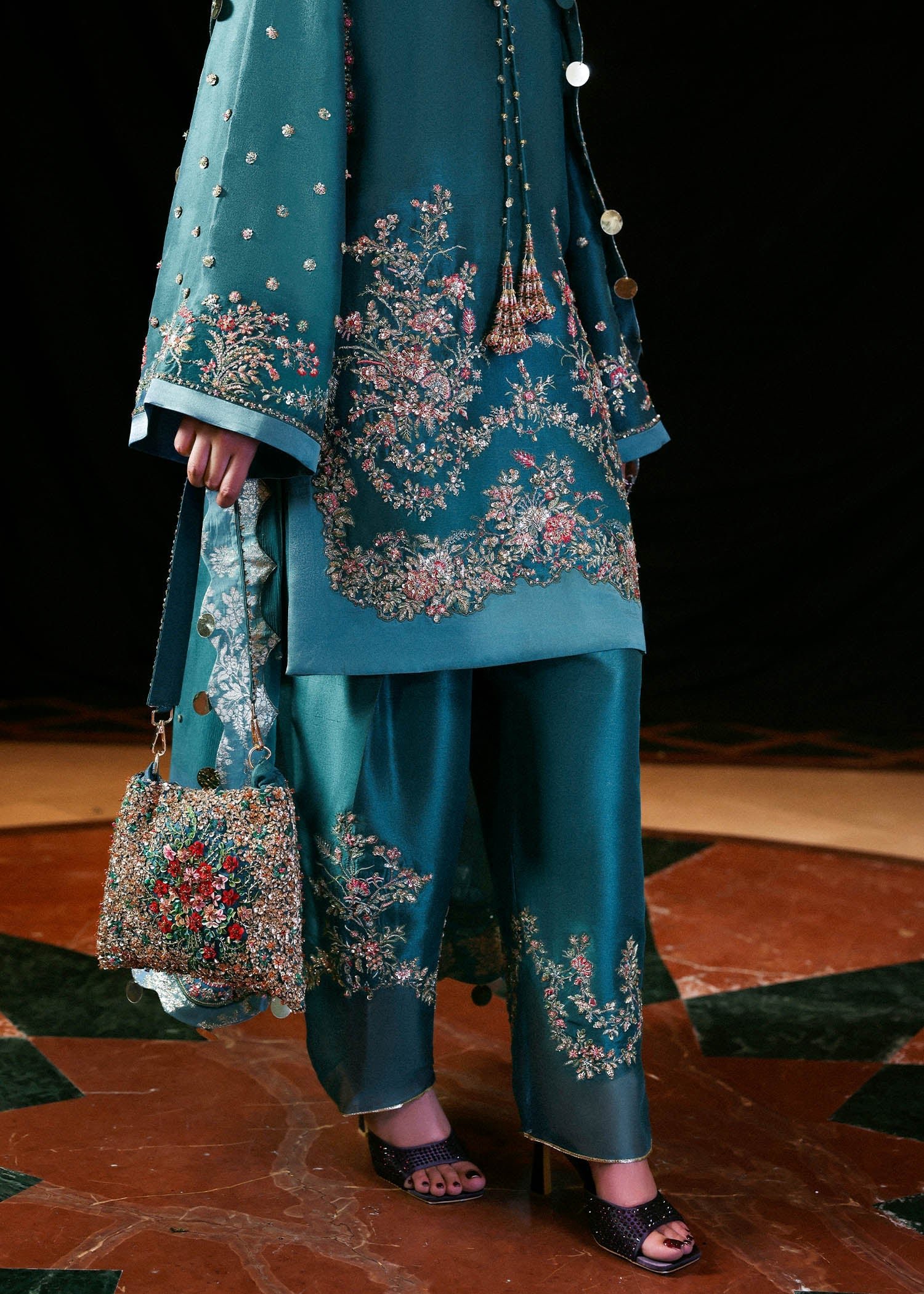 Hussain Rehar Embroidered Organza Party Wear Suit - Close-Up Hand Embellishment Tilla & Pearl Work | IQNAZ
