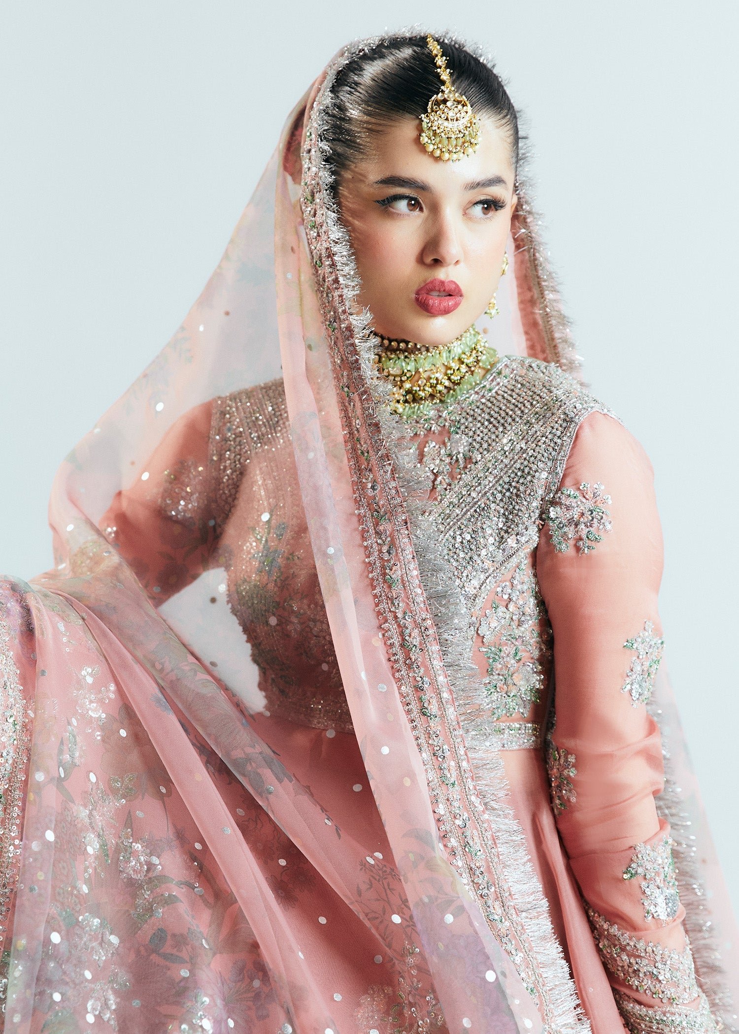 Hussain Rehar Tropica Hand Embellished Organza Party Wear Suit - Embroidered Back & Daman Silhouette Detailing | IQNAZ
