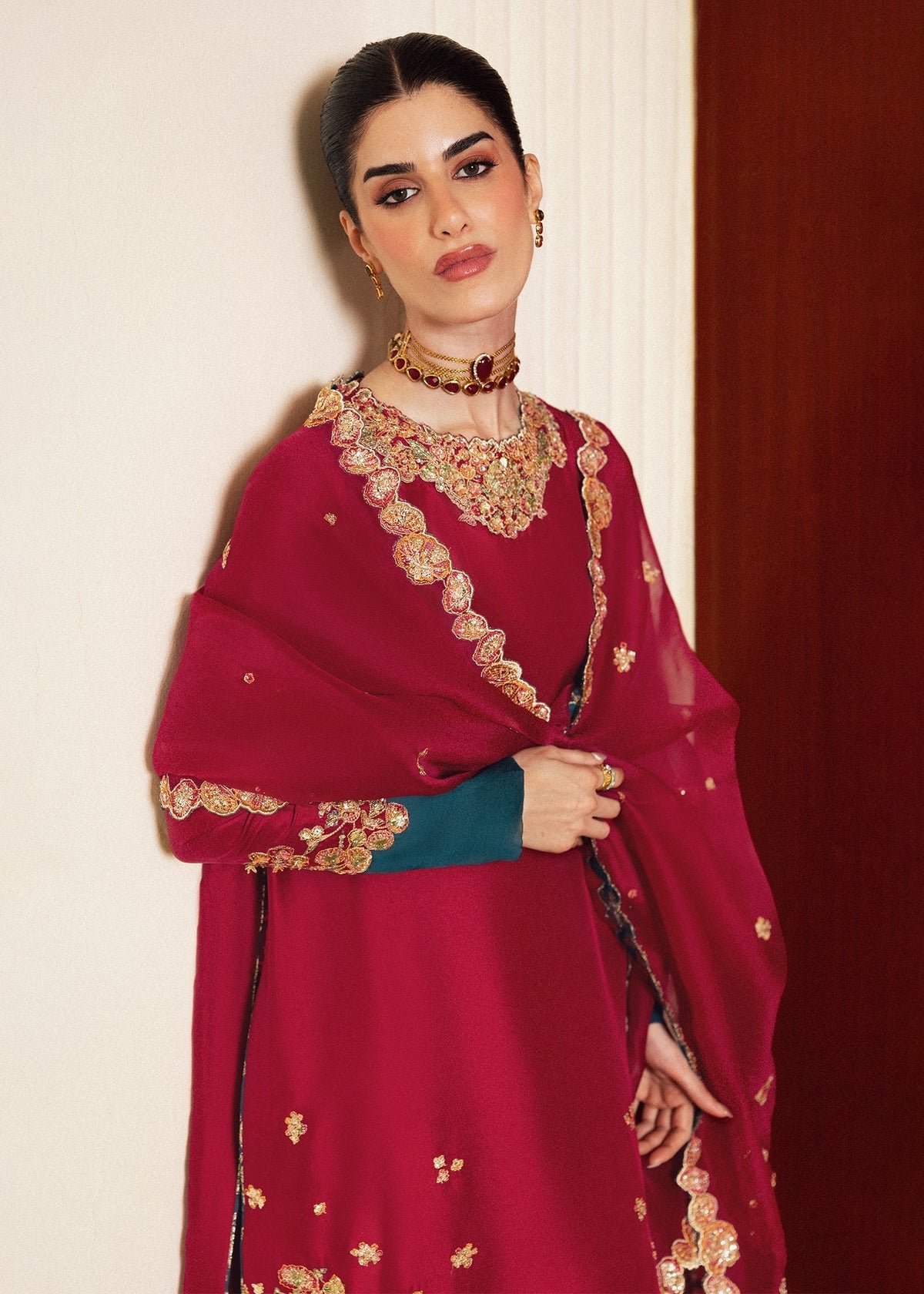 Hussain Rehar Embroidered Organza Party Wear Suit - Close-Up Hand Embellishment Tilla & Pearl Work | IQNAZ