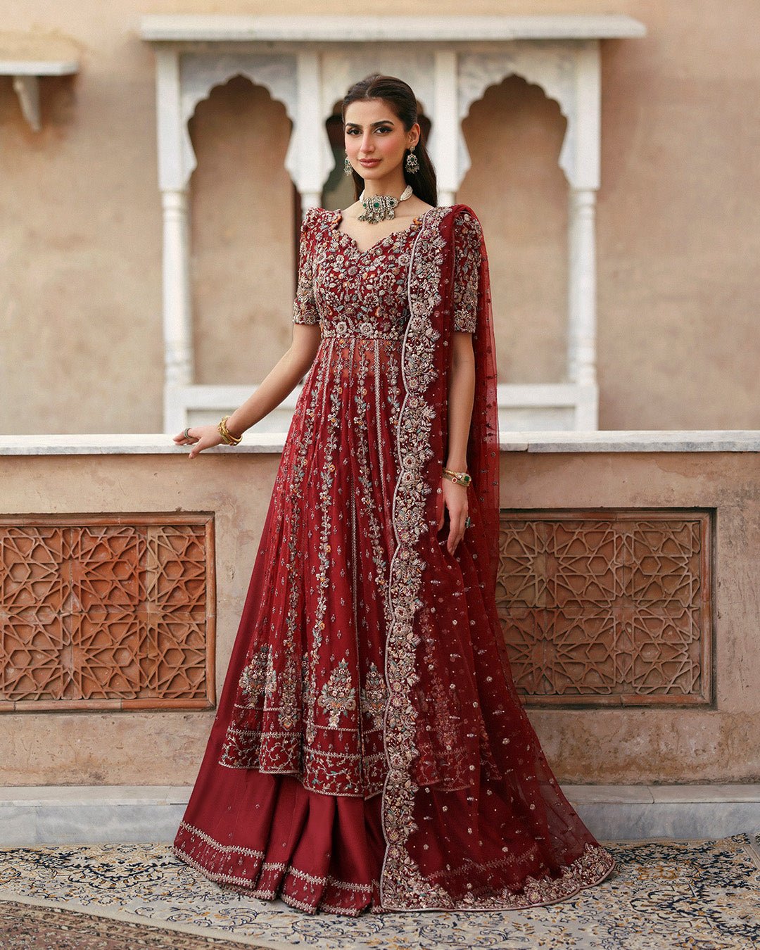 Faiza Saqlain Hand Embellished Silk Party Wear Suit – Model Front View Faiza Saqlain Hand Embellished Silk Party Wear Suit - Model Front Look | Pakistani Designer Replica Wholesale | IQNAZ