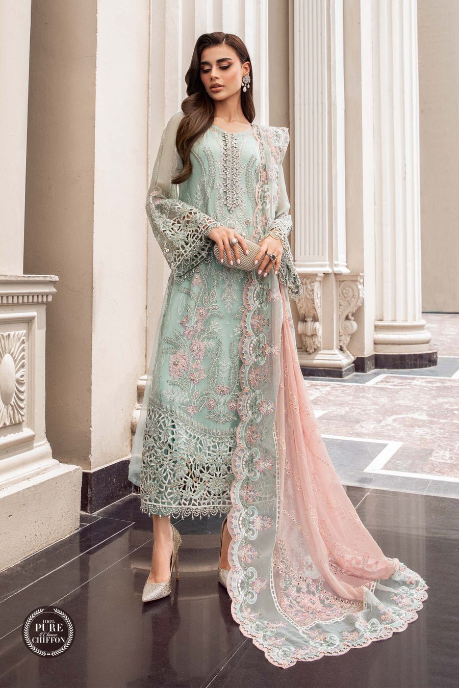 Maria B Mpc Mint Embroidered Chiffon Party Wear Suit - Model Front Look | Pakistani Designer Replica Wholesale | IQNAZ