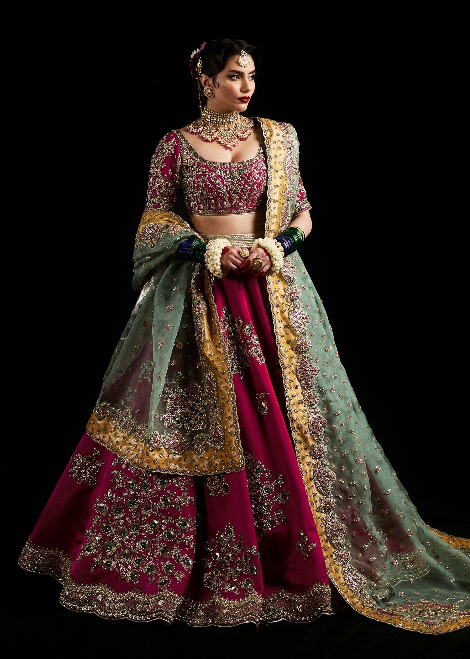 Hussain Rehar Laal Hand Embellished Organza Party Wear Suit - Embroidered Back & Daman Silhouette Detailing | IQNAZ