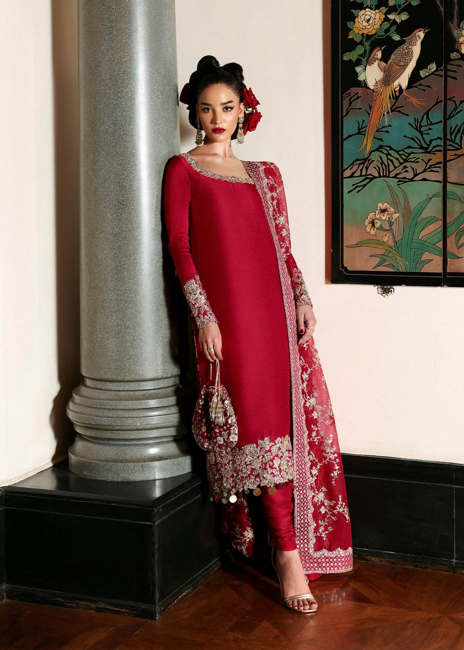 Hussain Rehar Embroidered Organza Party Wear Suit - Model Front Look | Pakistani Designer Replica Wholesale | IQNAZ