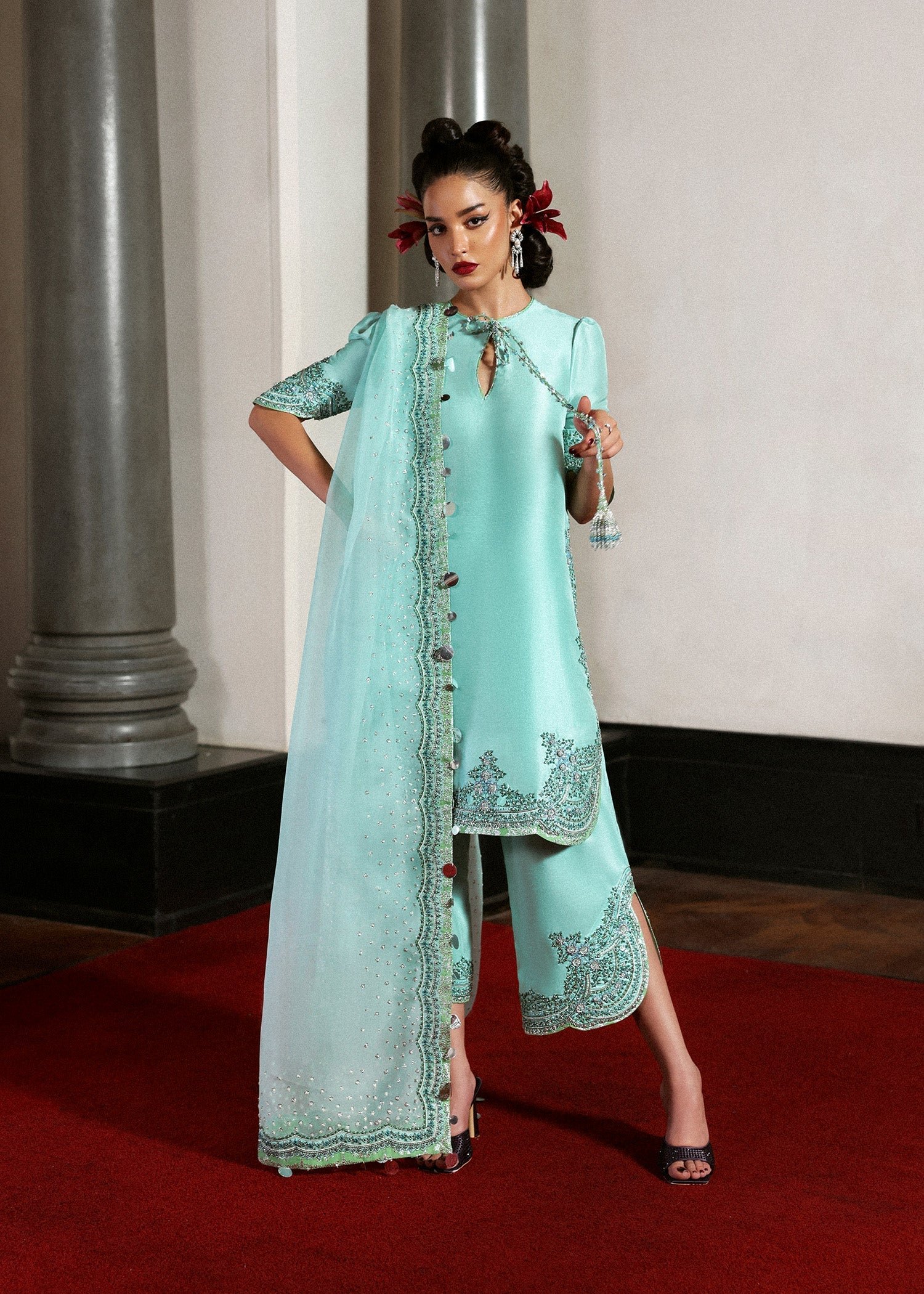 Hussain Rehar Embroidered Organza Party Wear Suit - Close-Up Hand Embellishment Tilla & Pearl Work | IQNAZ