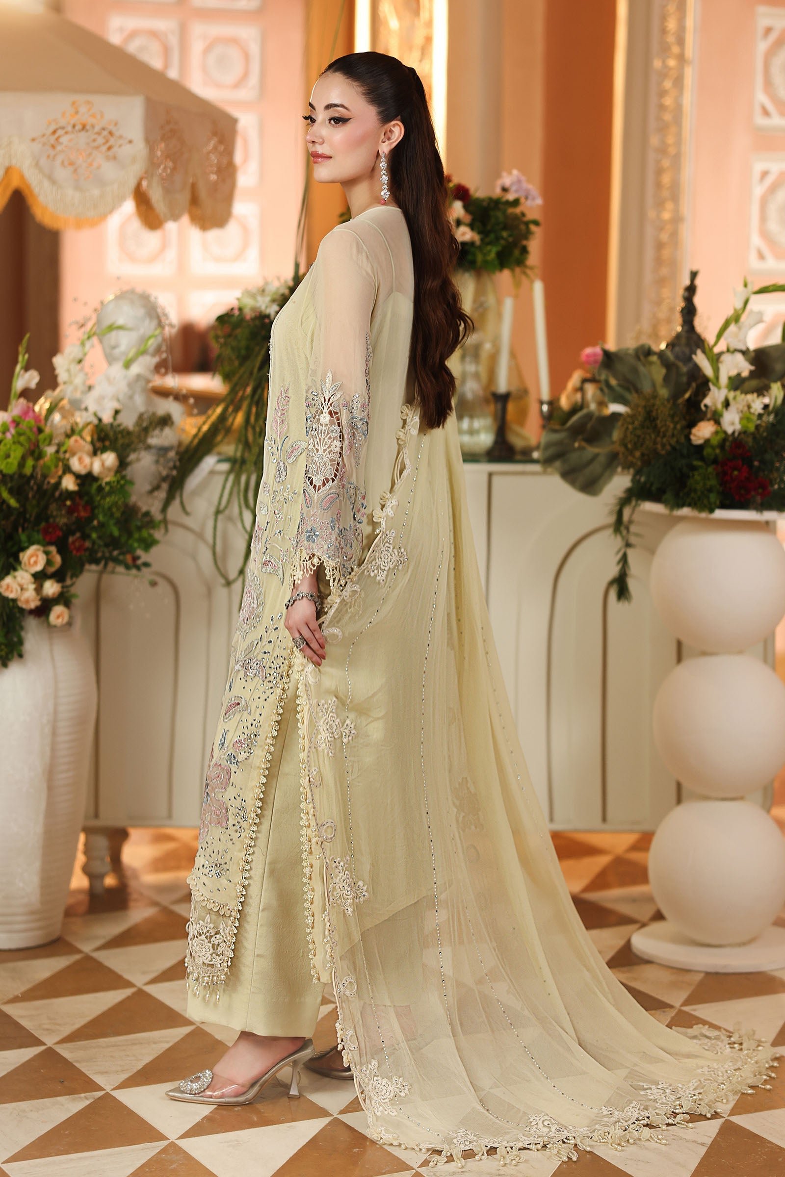 Maria B Embroidered Chiffon Party Wear Suit - Four-Sided Embroidered Dupatta & Pallu Border | IQNAZ