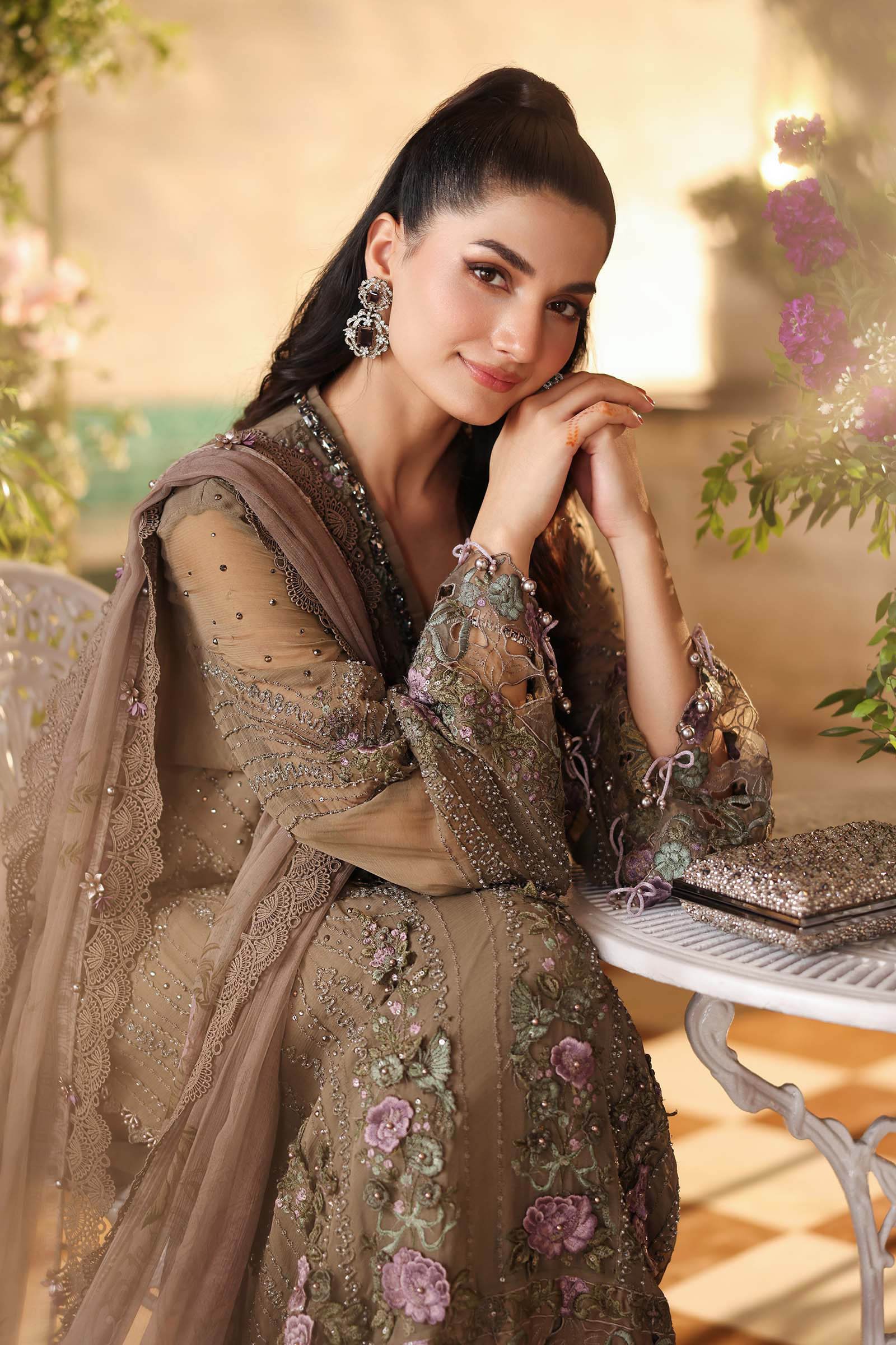 Maria B Embroidered Chiffon Party Wear Suit - Embroidered Back & Daman Silhouette Detailing | IQNAZ