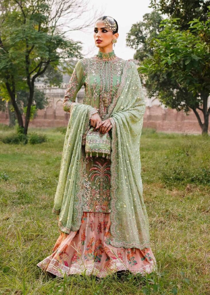 Hussain Rehar Hand Embellished Chiffon Party Wear Suit - Model Front Look | Pakistani Designer Replica Wholesale | IQNAZ
