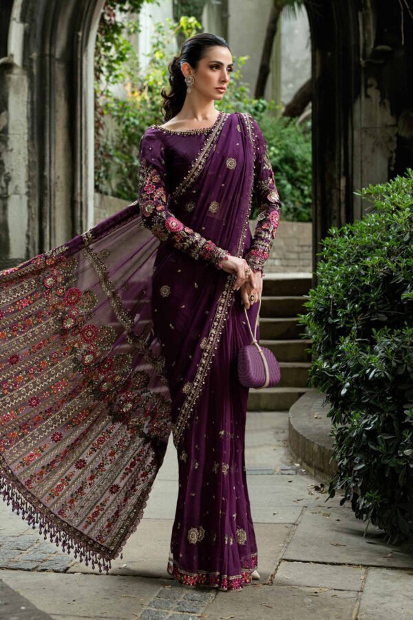 Maria B Embroidered Chiffon Saree | IQNAZ