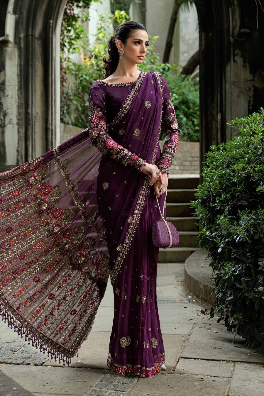 Maria B Embroidered Chiffon Saree – Model Front View Maria B Embroidered Chiffon Saree - Model Front Look | Pakistani Designer Replica Wholesale | IQNAZ
