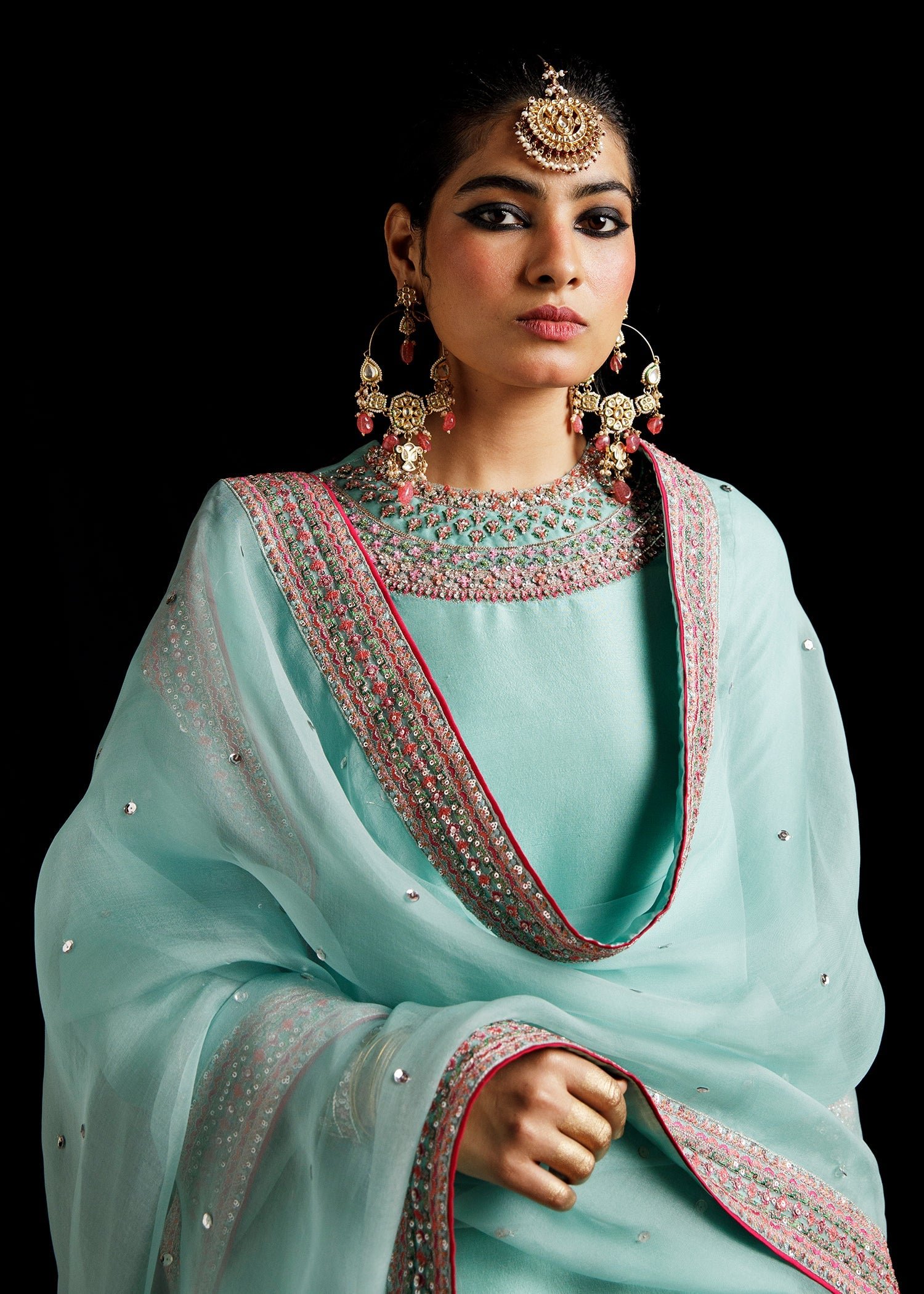Hussain Rehar Hand Embellished Organza Party Wear Suit - Embroidered Back & Daman Silhouette Detailing | IQNAZ