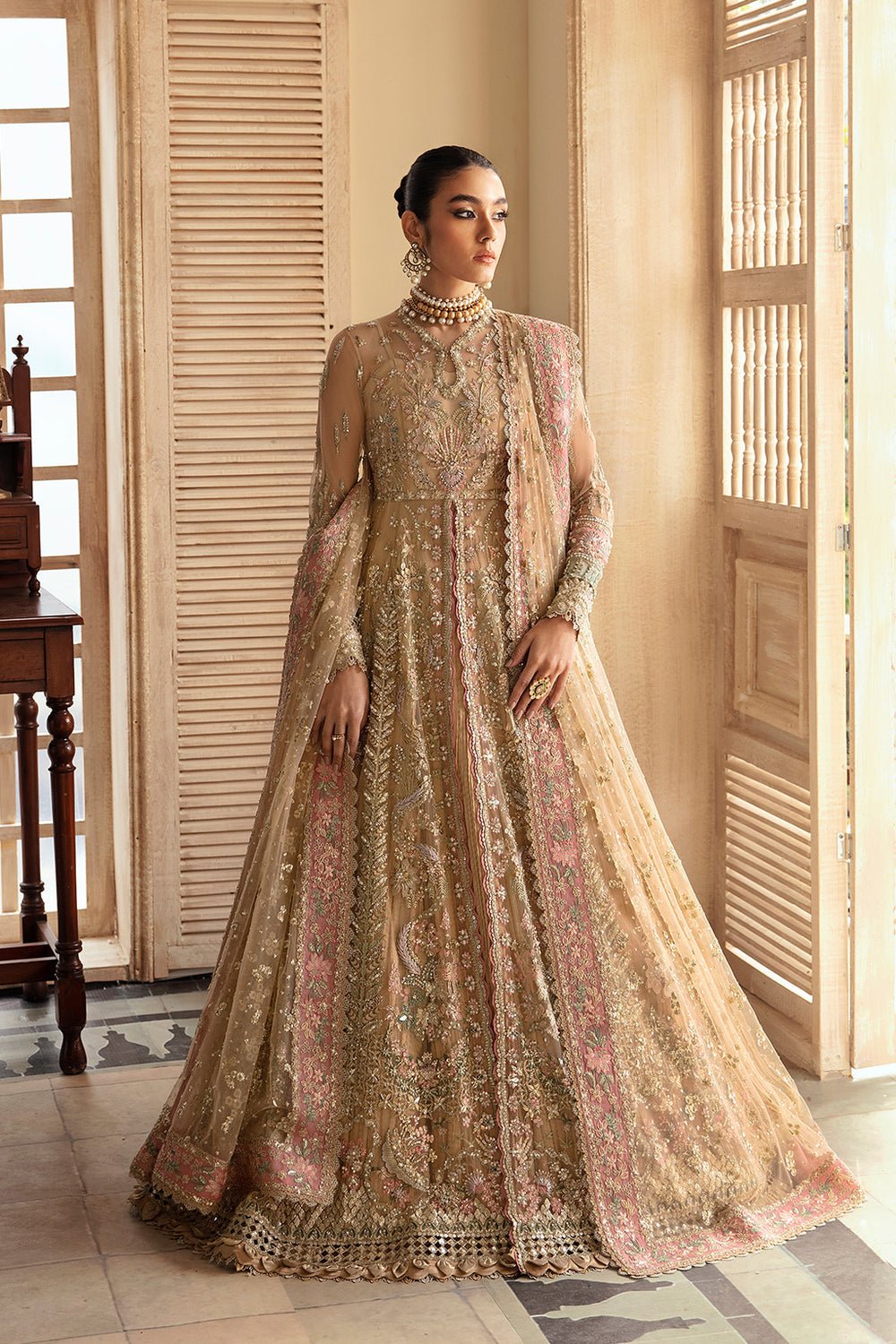 Soraya Irina Embroidered Net Party Wear Suit - Model Front Look | Pakistani Designer Replica Wholesale | IQNAZ