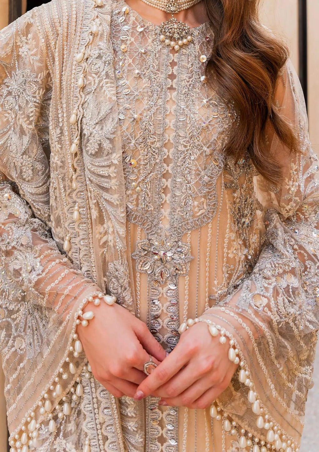 Hussain Rehar Eeb Zayna Embroidered Silk Party Wear Suit - Close-Up Hand Embellishment Tilla & Pearl Work | IQNAZ