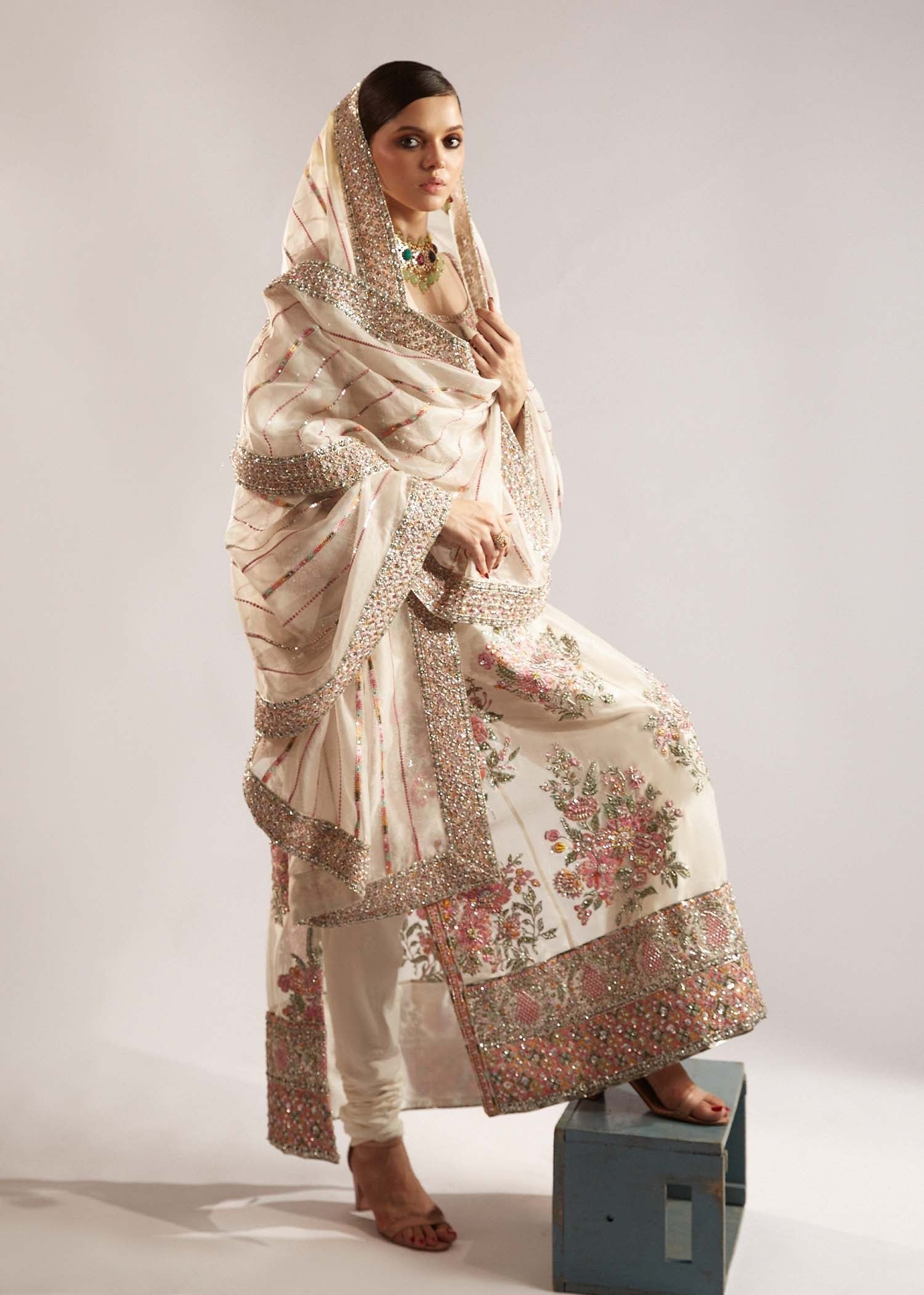 Hussain Rehar Euru Embroidered Organza Party Wear Suit - Close-Up Hand Embellishment Tilla & Pearl Work | IQNAZ