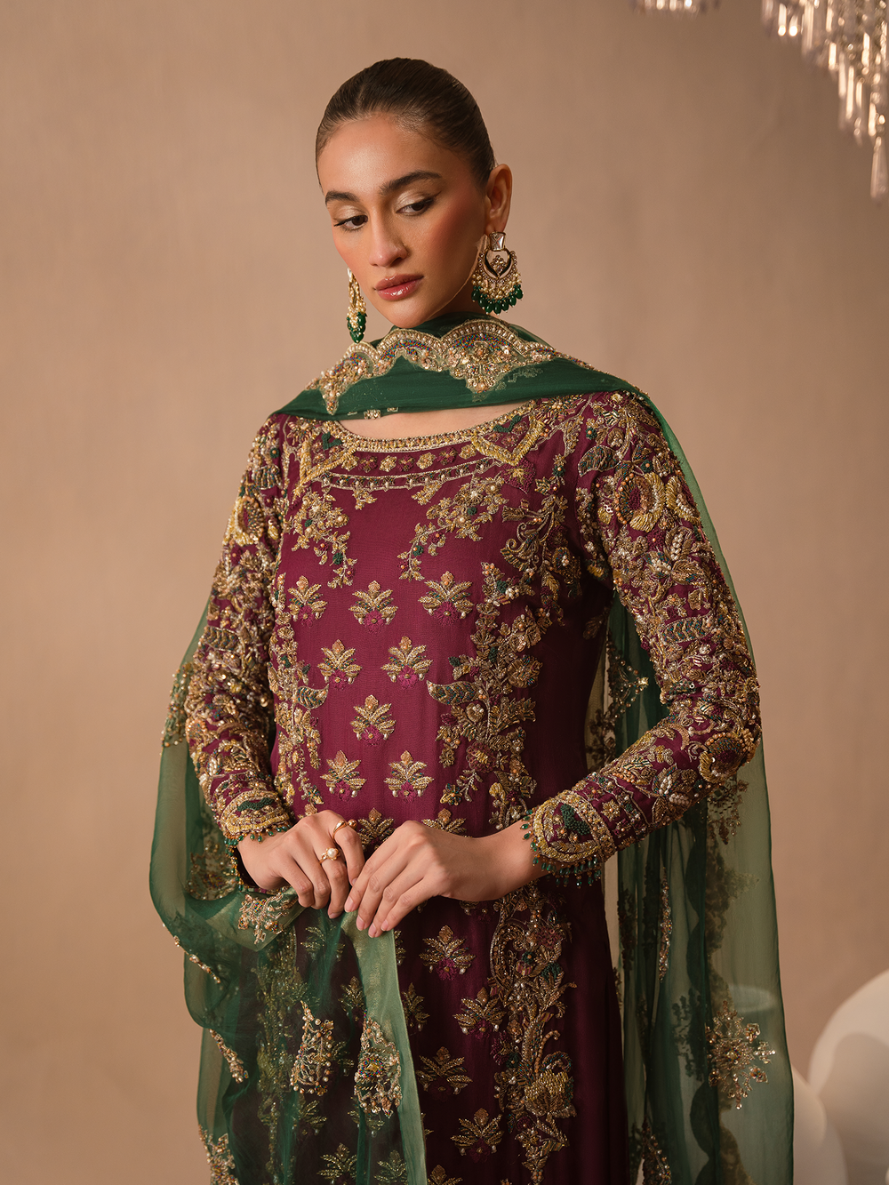Abeera Usman Embroidered Organza Party Wear Suit - Close-Up Hand Embellishment Tilla & Pearl Work | IQNAZ