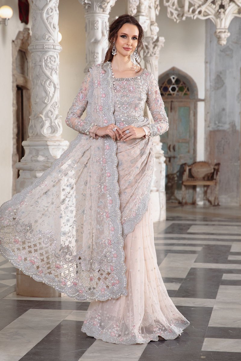Maria B Embroidered Silk Party Wear Suit – Back View & Silhouette Maria B Embroidered Silk Party Wear Suit - Embroidered Back & Daman Silhouette Detailing | IQNAZ