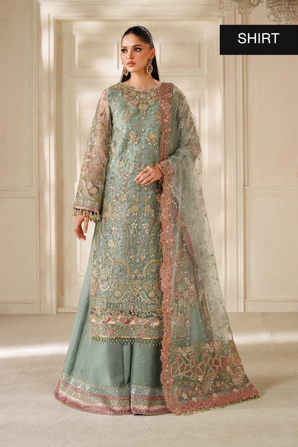 Baroque Luxury Embroidered Organza Party Wear Suit – Back View & Silhouette Baroque Luxury Embroidered Organza Party Wear Suit - Embroidered Back & Daman Silhouette Detailing | IQNAZ