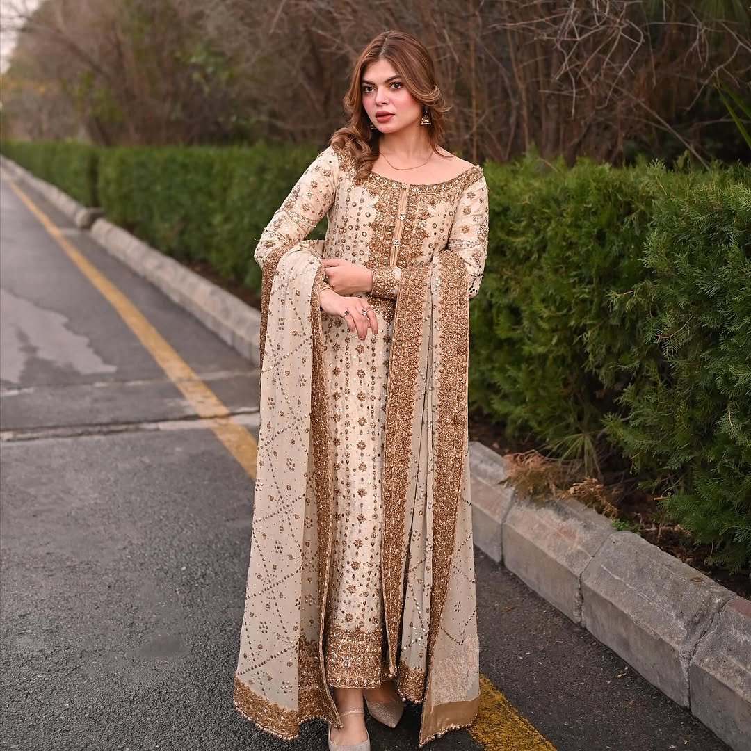 Haris Shakeel Hand Embellished Chiffon Party Wear Suit - Model Front Look | Pakistani Designer Replica Wholesale | IQNAZ