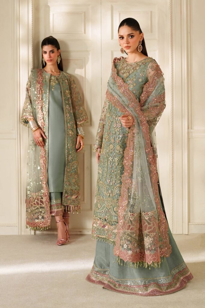 Baroque Luxury Embroidered Organza Party Wear Suit - Model Front Look | Pakistani Designer Replica Wholesale | IQNAZ
