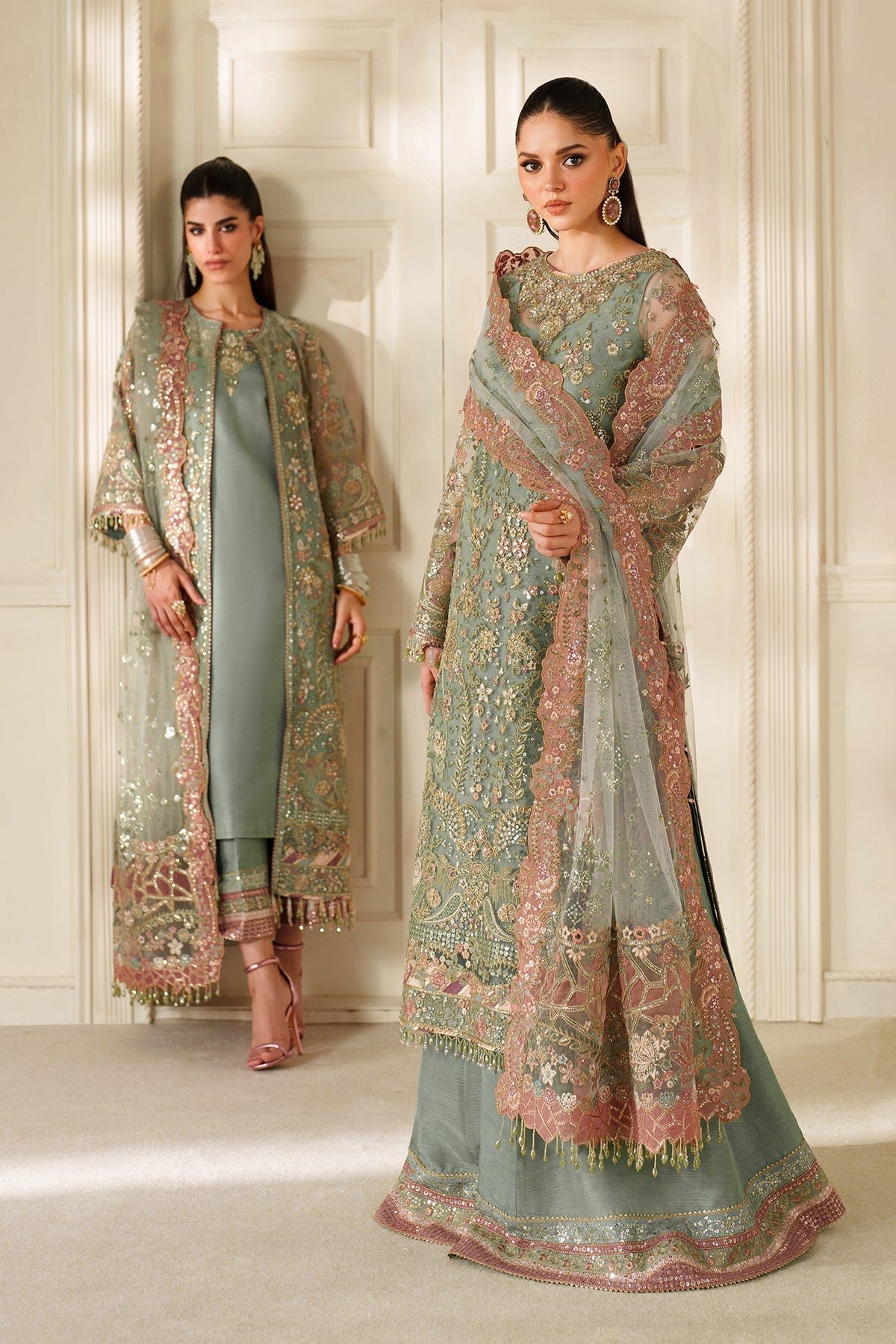 Baroque Luxury Embroidered Organza Party Wear Suit – Model Front View Baroque Luxury Embroidered Organza Party Wear Suit - Model Front Look | Pakistani Designer Replica Wholesale | IQNAZ