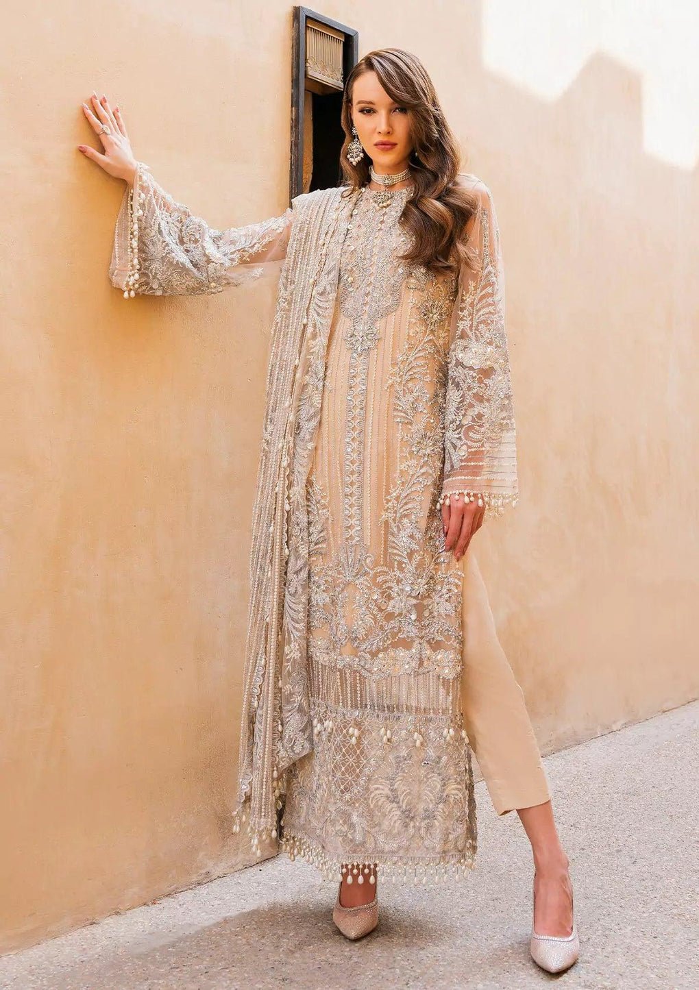 Hussain Rehar Eeb Zayna Embroidered Silk Party Wear Suit - Model Front Look | Pakistani Designer Replica Wholesale | IQNAZ
